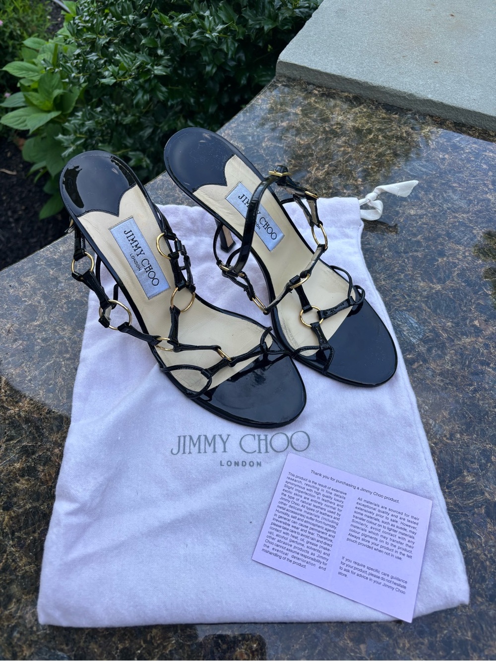 Jimmy Choo Black Helium Patent Leather Gold Ring Caged Sandals US Size 10 EU 40